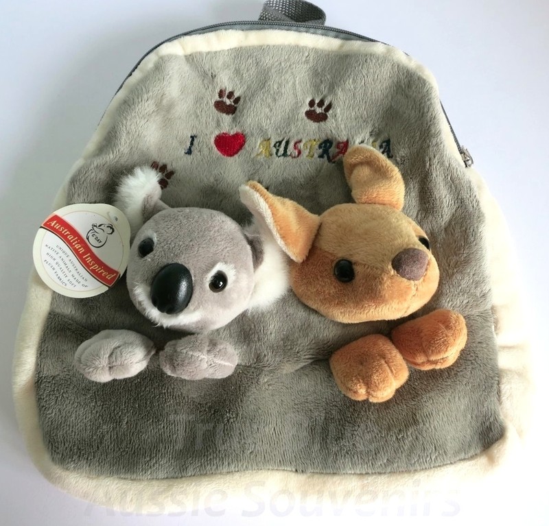 1x Australian Souvenir Plush Backpack - Grey Koala & Kangaroo