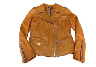 Pre-owned Handmade Italian  Women Lambskin Leather Moto Biker Jacket Slim Fit Tan L In Brown