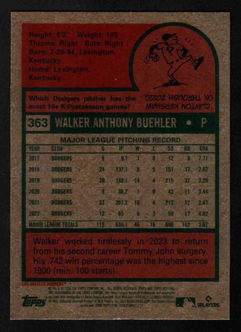 Walker Buehler 2024 Topps Heritage #363 Flip Stock SSP /5 Los Angeles Dodgers