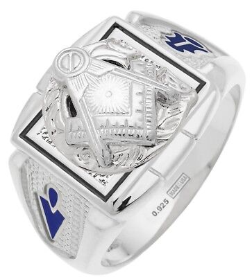 Pre-owned Us Jewels 0.925 Sterling Silver Gold Customizable Masonic Blue Lodge Mason Solid Back Ring