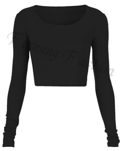 New Womens Long Sleeve Crop Top Round Neck T Shirt Ladies UK Size 8 10 ...