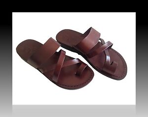 Men's Leather Slide Open Toe Casual Biblical Sandals Shoes Brown Thong ...