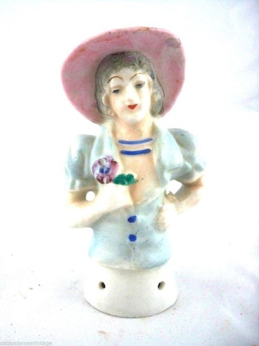 Vintage Porcelain Half Doll Pincushion or Powder Puff Made in Japan