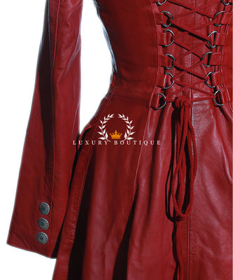 Pre-owned L.b Valentina Red Ladies Military Corset Style Designer Real Leather Flare Coat