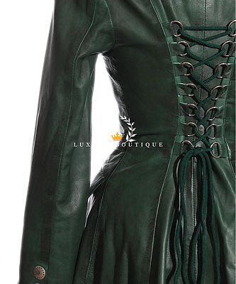 L.B Pre-owned Valentina Green Ladies Military Corset Style Designer Real Leather Flare Coat