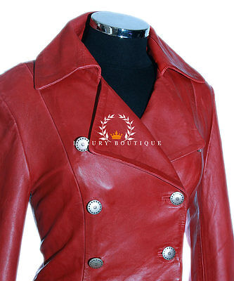 Pre-owned L.b Valentina Red Ladies Military Corset Style Designer Real Leather Flare Coat