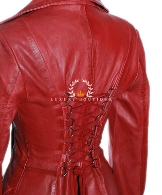 Pre-owned L.b Valentina Red Ladies Military Corset Style Designer Real Leather Flare Coat