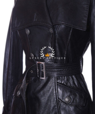 Pre-owned L.b Elektra Black Ladies Designer Military Real Soft Lambskin Leather Flare Coat