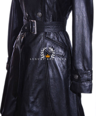 Pre-owned L.b Elektra Black Ladies Designer Military Real Soft Lambskin Leather Flare Coat