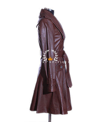 Pre-owned L.b Elektra Brown Ladies Designer Military Real Soft Lambskin Leather Flare Coat