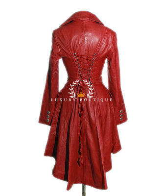 Pre-owned L.b Valentina Red Ladies Military Corset Style Designer Real Leather Flare Coat