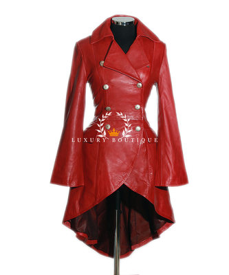 Pre-owned L.b Valentina Red Ladies Military Corset Style Designer Real Leather Flare Coat