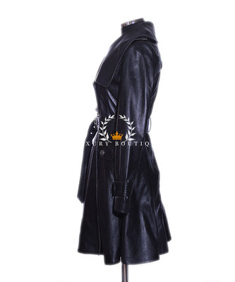 Pre-owned L.b Elektra Black Ladies Designer Military Real Soft Lambskin Leather Flare Coat