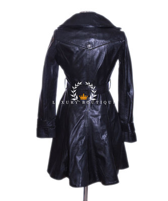 Pre-owned L.b Elektra Black Ladies Designer Military Real Soft Lambskin Leather Flare Coat