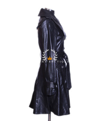 Pre-owned L.b Elektra Black Ladies Designer Military Real Soft Lambskin Leather Flare Coat