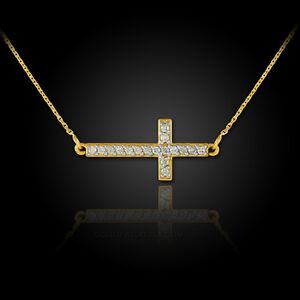 14K-Gold-Diamond-Sideways-Cross-Necklace-Made-in-USA-Yellow-White-Rose