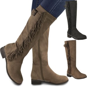 ... -KNEE-HIGH-TASSEL-RIDING-BOOTS-FLAT-LOW-HEEL-WORK-SHOES-FRINGE-SIZE