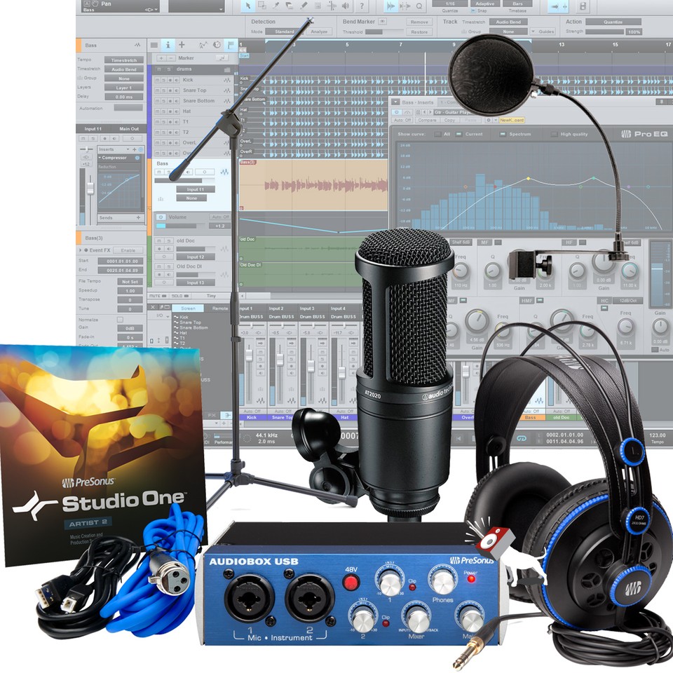 Presonus AudioBox + AT2020 + Pop Filter + Mic Stand Home Recording Studio Bundle