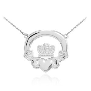 ... 14K White Gold Classic Irish Claddagh Pendant Necklace (Made in USA