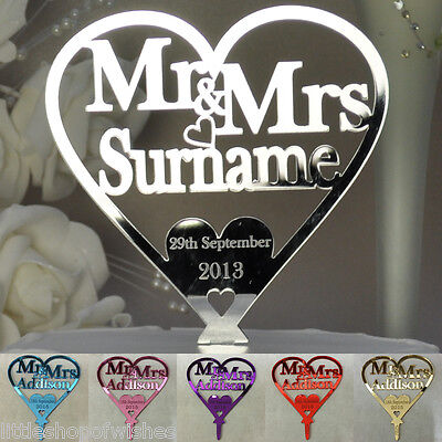 Personalised Wedding  Mr & Mrs Heart Cake Topper Keepsake in Mirror Acrylic