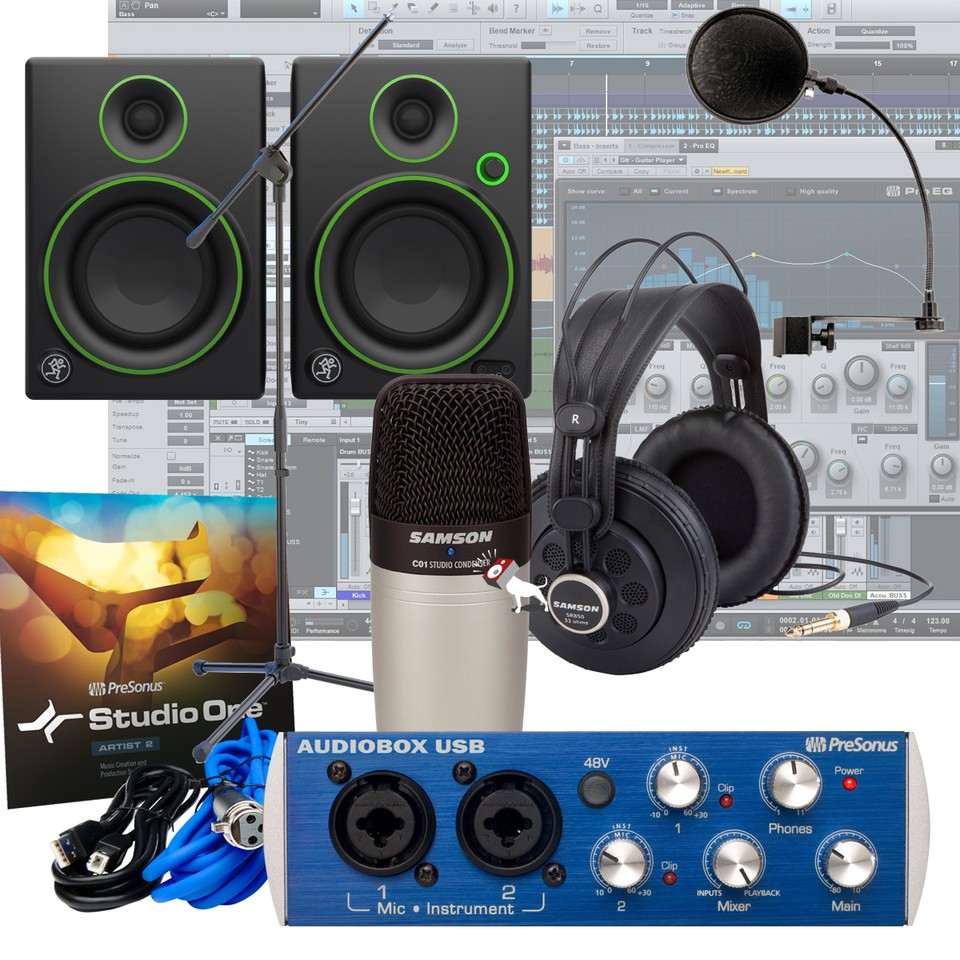 Presonus AudioBox + Samson C01 + Mackie CR4 + Stand Home Recording Studio Bundle