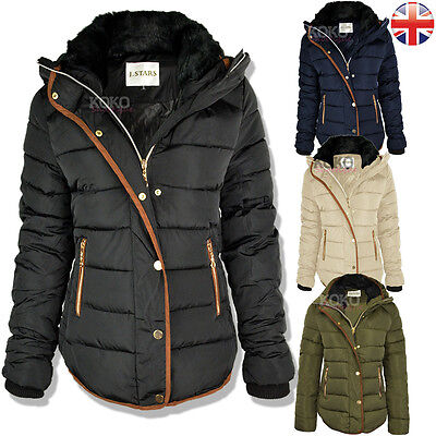 WOMENS LADIES QUILTED WINTER COAT PUFFER FUR COLLAR HOODED JACKET PARKA SIZE NEW