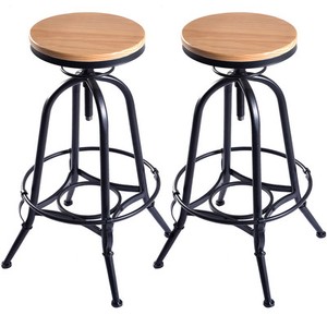 Set of 2 Vintage Bar Stools Industrial Metal Design Wood Top Adjustable Swivel