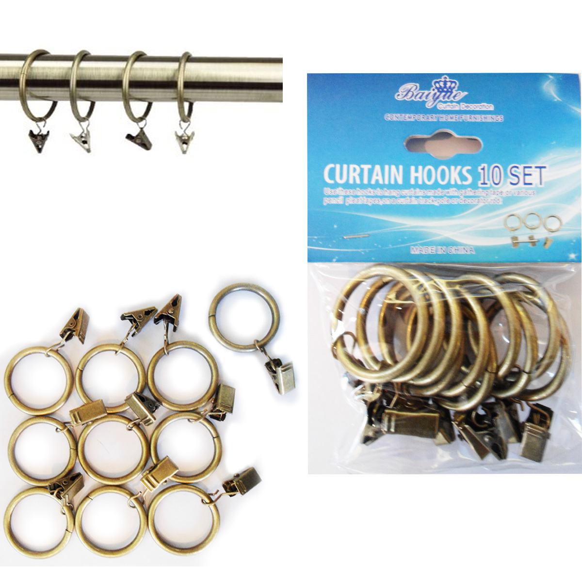 10 x Metal Rod Curtain Pole Rings with Hooks Rail Bracket Ring Black