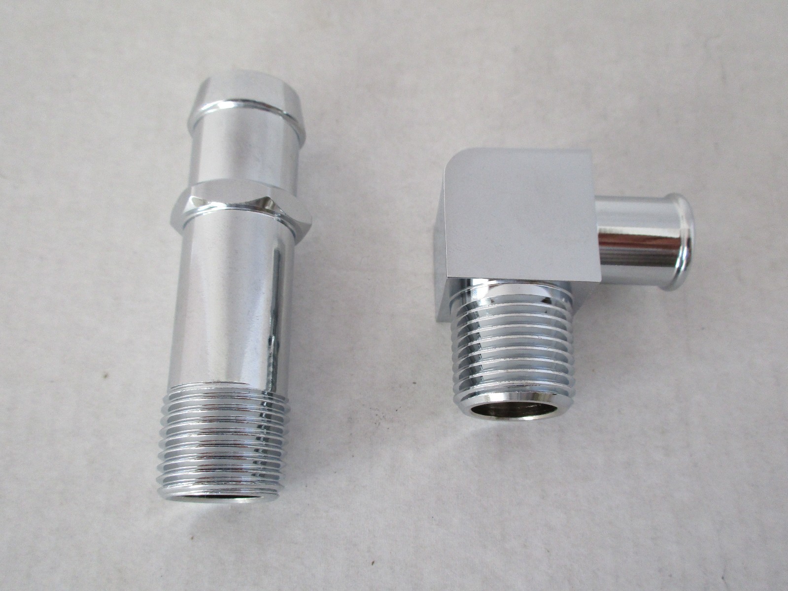 HEATER HOSE FITTING 3/4" WATER PUMP 5/8" 90 deg.INTAKE CHROMED ALUM