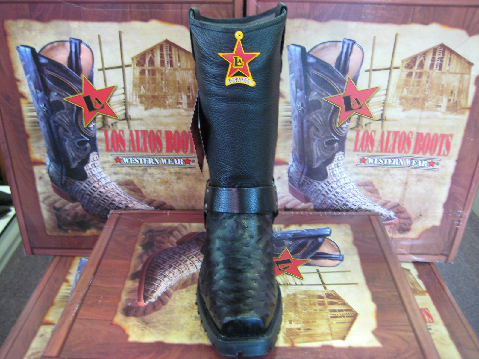 Pre-owned Los Altos Boots Los Altos Black Genuine Ostrich Motorcycle Biker Boot (d) 55t0305