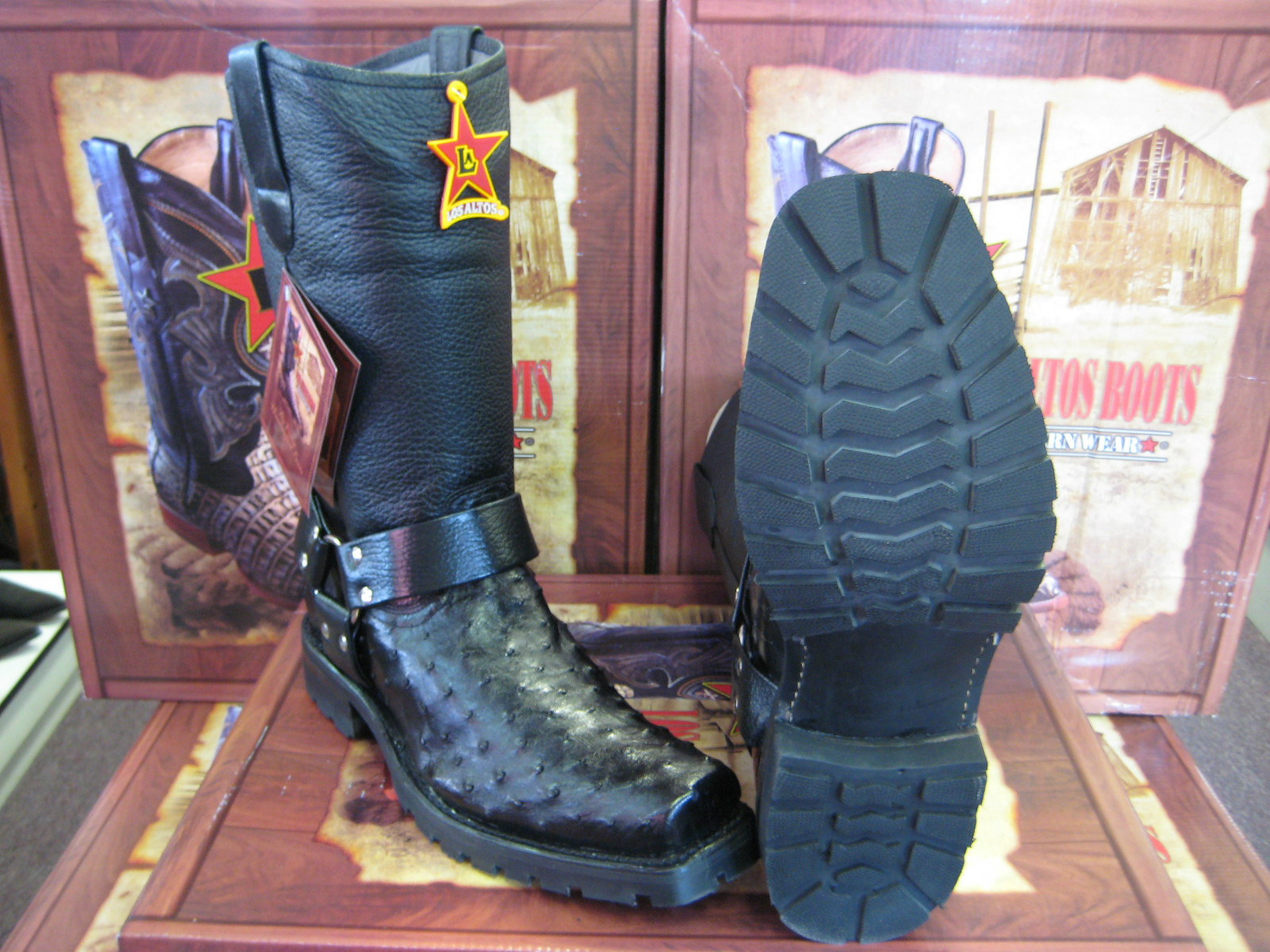 Pre-owned Los Altos Boots Los Altos Black Genuine Ostrich Motorcycle Biker Boot (d) 55t0305