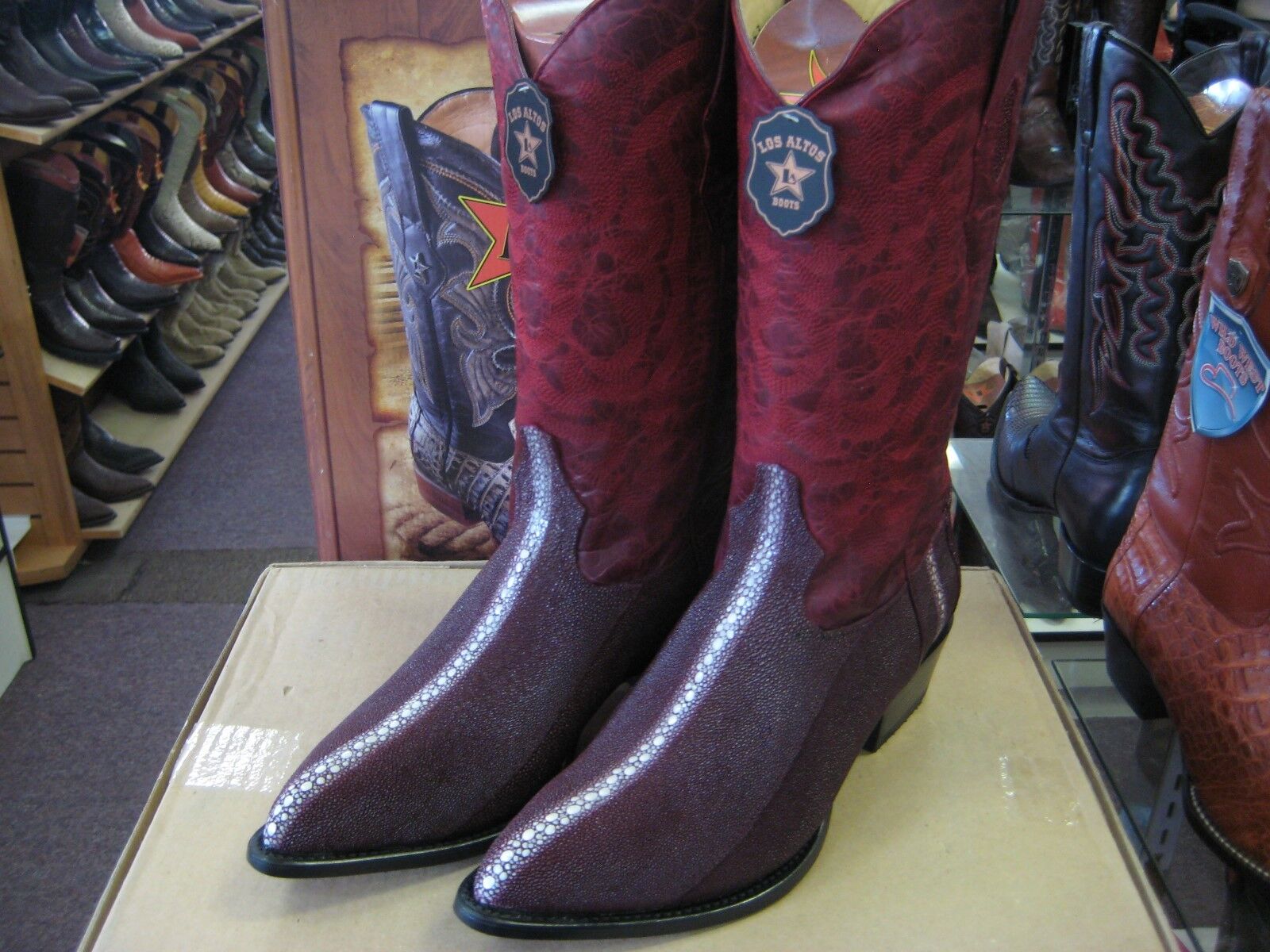 Pre-owned Los Altos Boots Los Altos Burgundy Genuine Stingray Rowstone Western Cowboy Boot (ee+) 996006 In Red