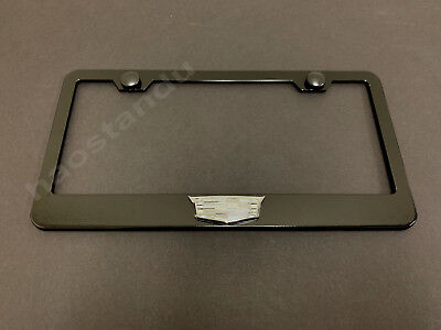 1x CadillacLOGO 3D Emblem BLACK Stainless License Plate Frame RUST FREE + S.Caps