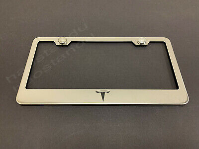 1xTeslaLOGO STAINLESS STEEL LICENSE PLATE FRAME + Screw Caps