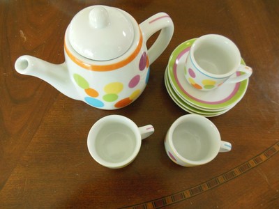 Child's Miniature Tea Set White with Colored Polka Dots