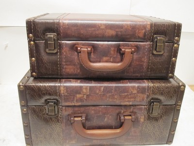 Brown Faux Leather Wood Suitcase Storage Box ...