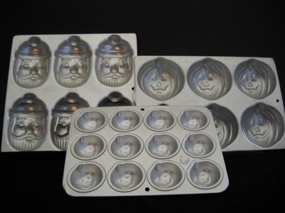 Wilton Cake Pans Lot of 3 Feast Santa Face Jack o Lantern Single Cupcake