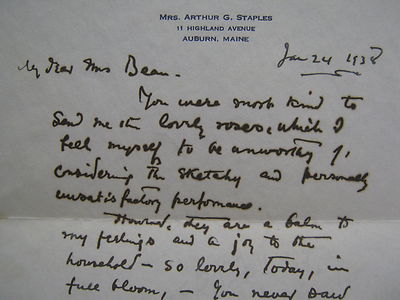 ARTHUR G. STAPLES (Died-1940)Lewiston Journal/ Signed 6 x 7 1938 Personal Letter