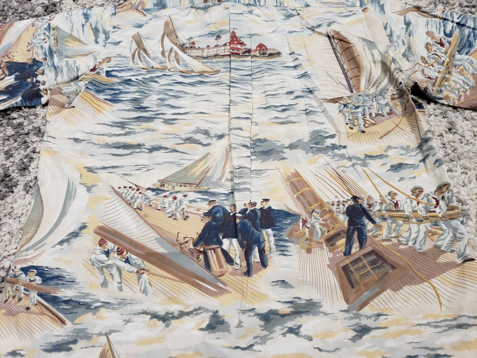 Vintage Reyn Spooner Sailors Sailing Ship Navy Cotton Hawaiian Shirt Rare Men L
