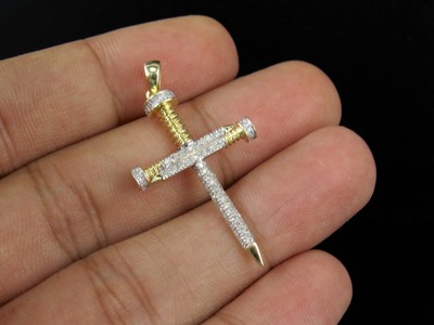 Pre-owned Jewelry Unlimited Mens 10k Yellow Gold Nail Cross 0.33 Ct Genuine Diamond Charm Pendant 1.5" In H-i
