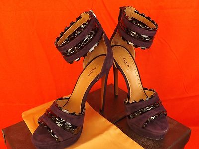 Pre-owned Alaïa Alaia Violet Suede Black Patent Ankle Strap Platform Sandals Pumps 38.5 $2k In Violet/black