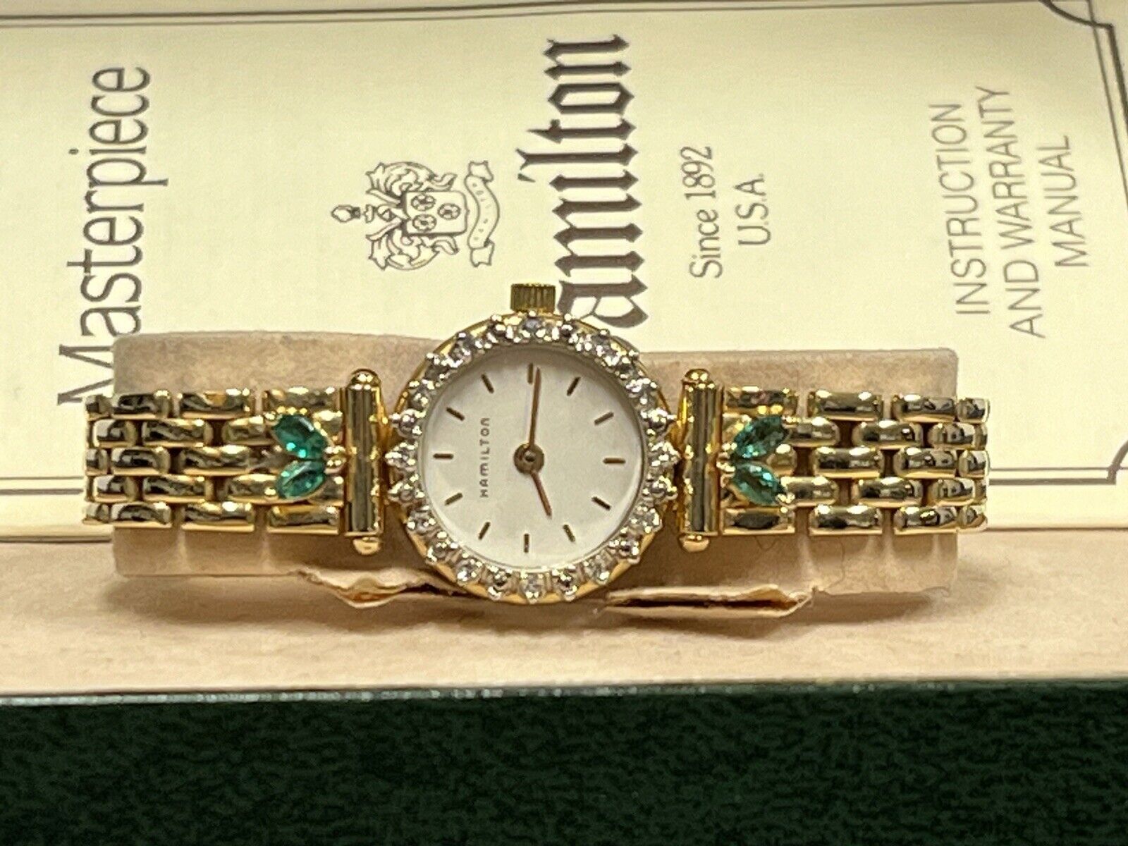Rare Vintage Hamilton Women’s Analog Wristwatch 14kt, Diamonds, Emeralds 8390a