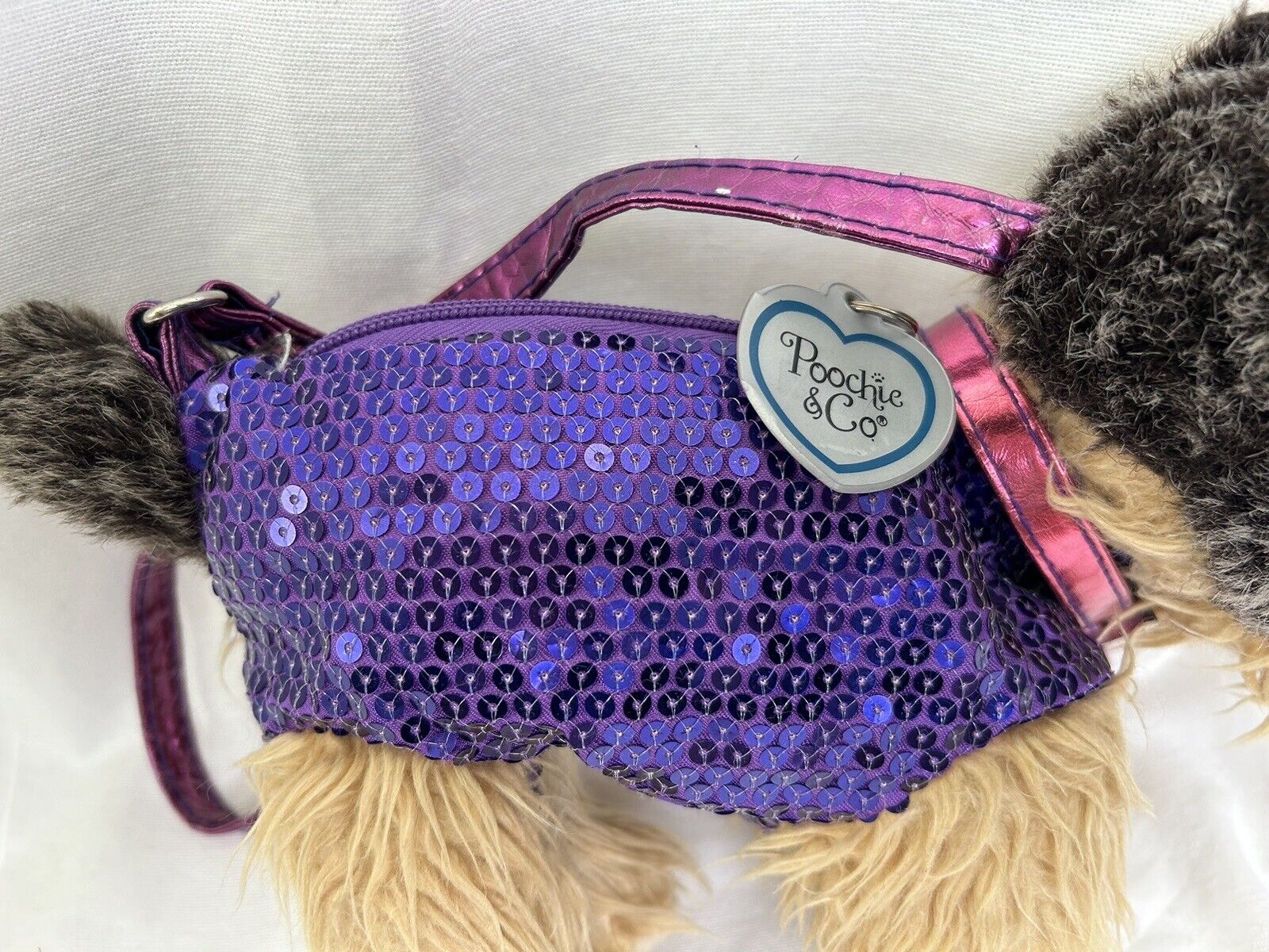 Yorkshire Terrier Dog Plush Purse Poochie & Co Zipped Pocket Purple Sequins Bag