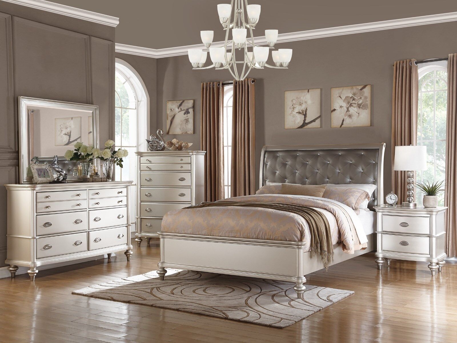 4PC ZURICH MODERN TRANSITIONAL METALLIC SILVER WOOD QUEEN KING BEDROOM SET