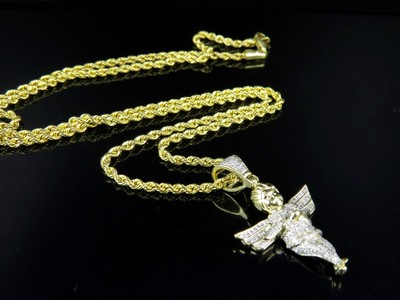 Pre-owned Jewelry Hiphop 10k Yellow Gold Angel Cherub Genuine Diamond Combo Hollow Chain Set 0.50 Ct