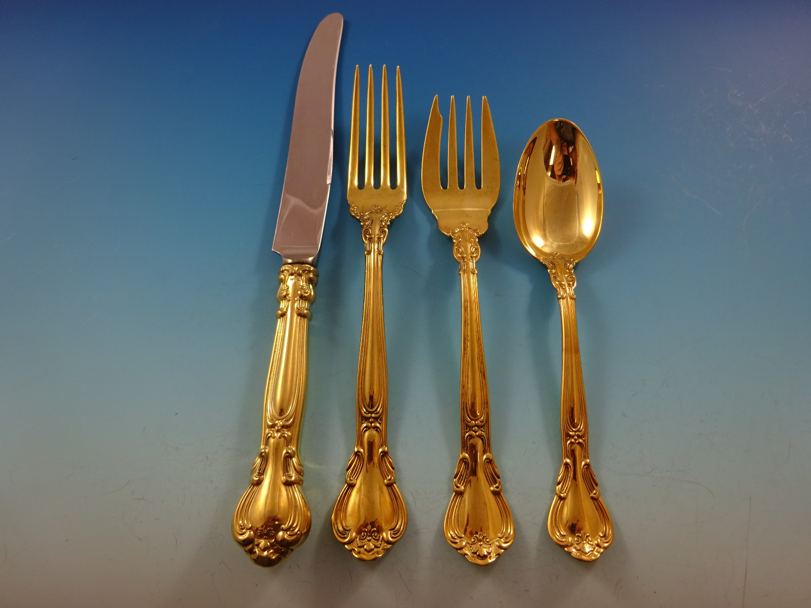 Chantilly Gold by Gorham Sterling Silver Flatware Set For 12 Service 48