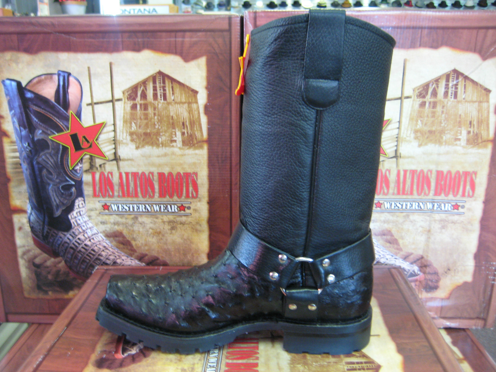 Pre-owned Los Altos Boots Los Altos Black Genuine Ostrich Motorcycle Biker Boot (d) 55t0305
