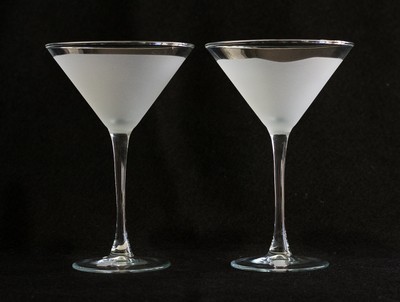 Bride & Groom Etched Martini Glasses Bow-Tie & Crystal Necklace Wedding Gift