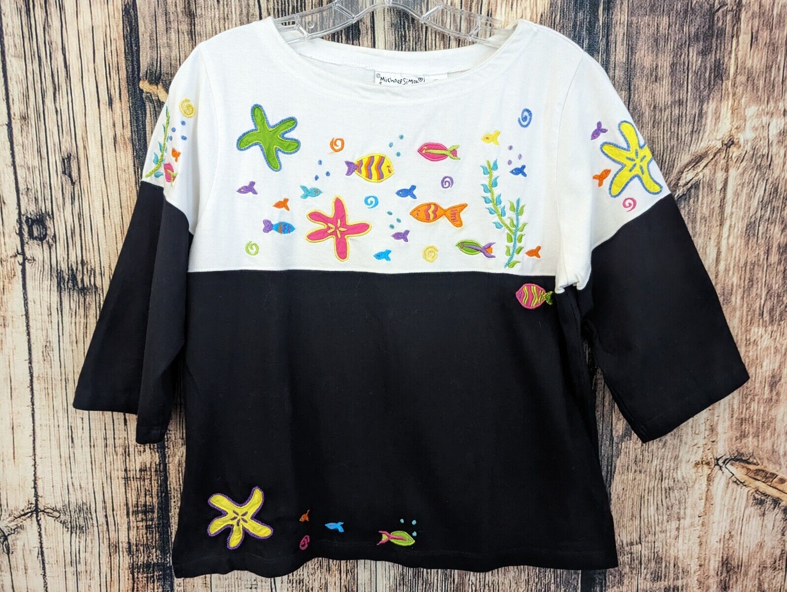 Michael Simon Lite Shirt Womens P/M Embroidered Fish Beach 3/4 Sleeve Popover