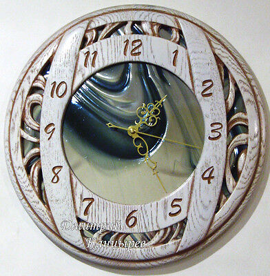 Round wall clock with blue glass carved wood original design stylish best